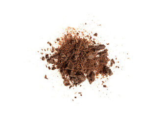 Grated Chocolate Pile Isolated, Crushed Chocolate Shavings, Crumbs, Scattered Flakes, Cocoa Sprinkles
