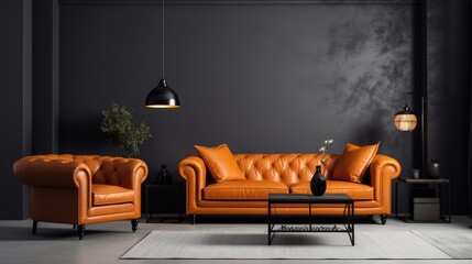 large living room with modern interior design with orange leather sofas and chairs for home against the background of a dark classic wall, Generative AI