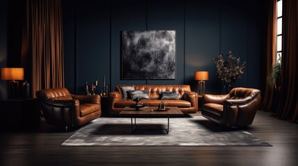 large living room with modern interior design with leather sofas and chairs for home against the background of a dark classic wall,  Generative AI
