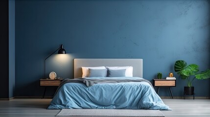 interior of a blue bedroom with a linen sheet on the bed and a wall mock up.