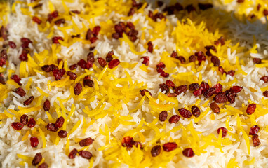 Kabuli Pulao, Afghani Cuisine with Pilaf, Pilau in Street Buffet, Traditional Afghanistan Pilaw at...