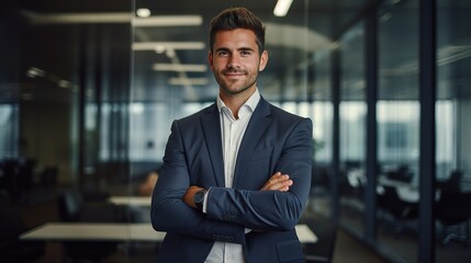 successful businessman inside office, standing with arms crossed - obrazy, fototapety, plakaty