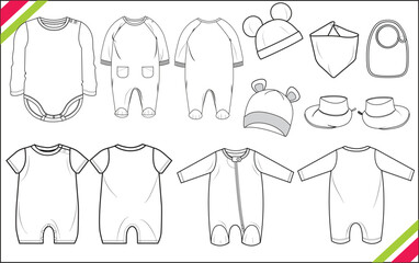 SET OF BABY CLOTHES, ROMPER, BODYSUIT, BABY CAP,BABY BIBS, BABY MITTEN, SKETCH FASHION TEMPLATE TECHNICAL DRAWING ILLUSTRATION