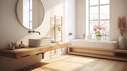 contemporary bathroom with white walls, wooden floor, white sink on wooden counter, and narrow hanging mirror.