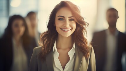 Obraz premium Close up of a business woman standing and thinking of successful vision at office
