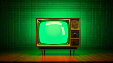 Retro TV on a green wall background.