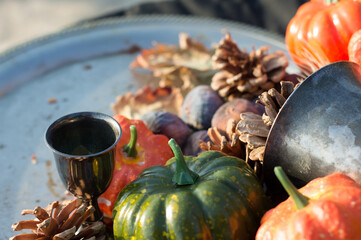 background with pumpkin, cup, wheat, figs, pine nuts.
decoration for fall, halloween and thanksgiving