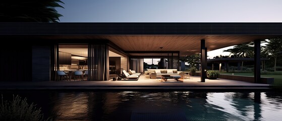 Fototapeta premium modern dark villa with open plan living and private chair wing with small terrace for relaxation, Generative AI