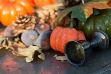 background with pumpkin, cup, wheat, figs, pine nuts.
decoration for fall, halloween and...