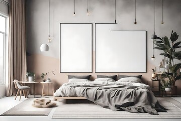 Bedroom interior with poster mockup, modern style