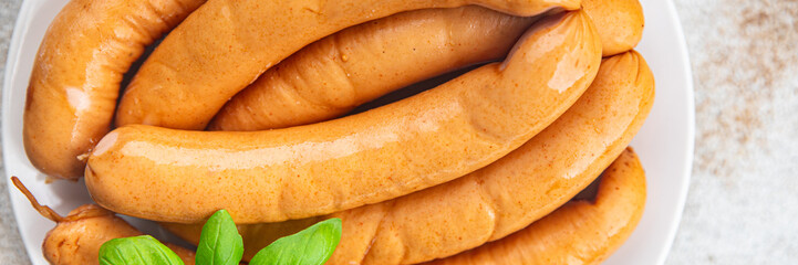 sausage chicken or turkey meat Cooking sausages appetizer meal food snack on the table copy space food background rustic top view