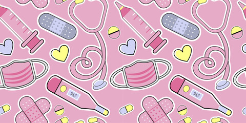 nurse doctor cartoon pink elements background pattern seamless