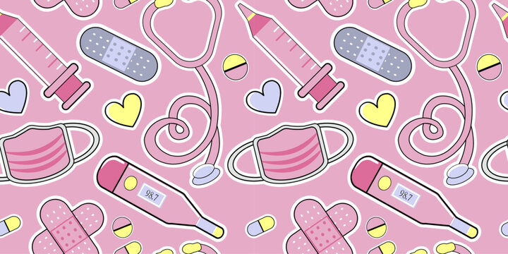 nurse doctor cartoon pink elements background pattern seamless