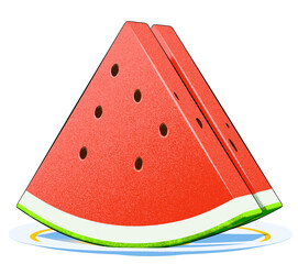  An illustration of two watermelon slices arranged on a white circular plate. The illustration style is clean, simple, and refined.