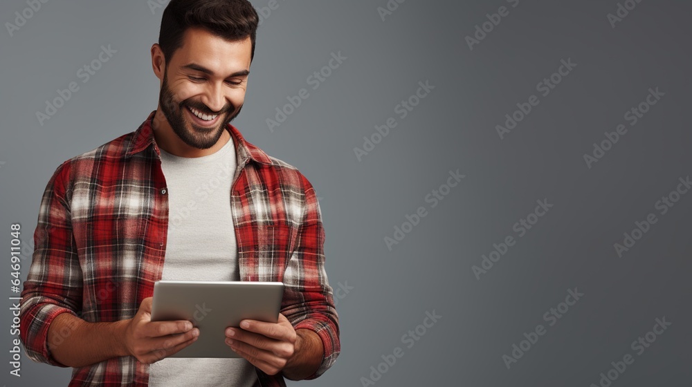 Poster man using tablet computer against a gray background