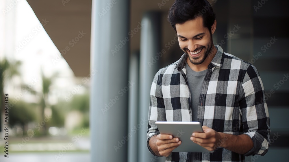 Poster man using tablet computer