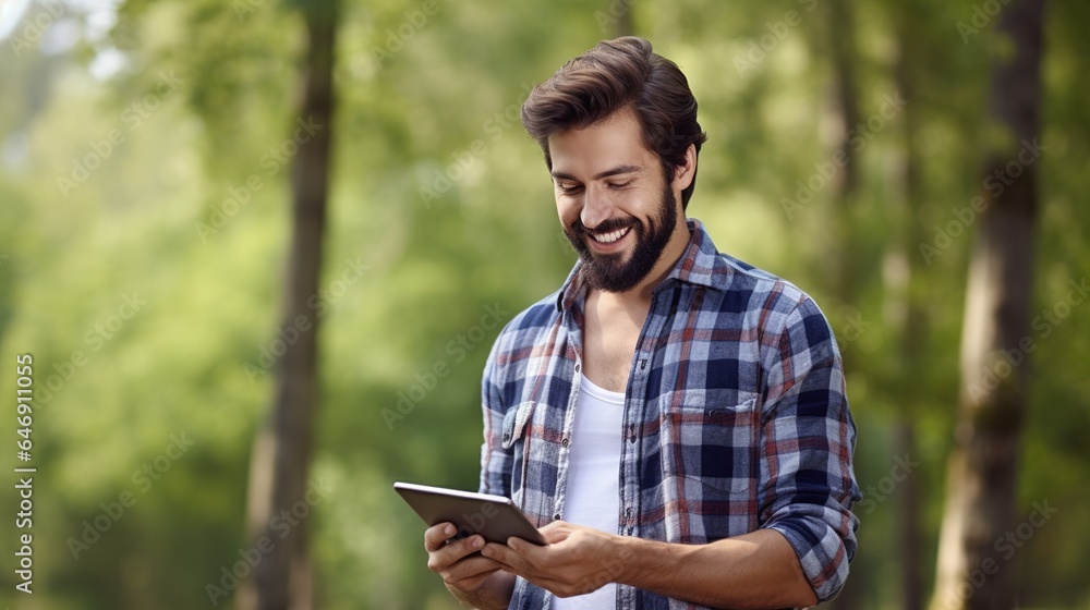 Poster man using tablet computer