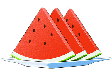 An illustration of three watermelon slices arranged on a white rectangular plate. The illustration style is clean, simple, and refined.