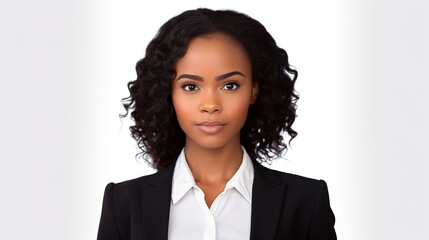 Close-up of an African-American businesswoman looking at the camera against a white studio background.