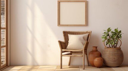 a Mediterranean interior template with a poster frame, wooden chair, basket, and terracotta pottery. Beige background with a clipping path included.