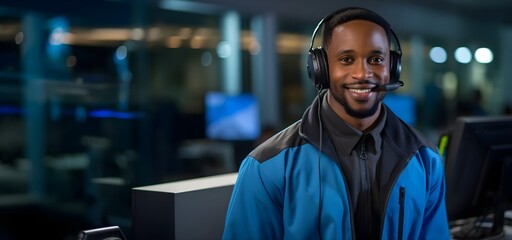 Happy smiling african american man working in call center. Generative AI 