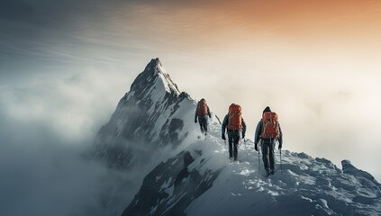 two mountaineers hiking up a snowy mountain Generative AI - Powered by Adobe