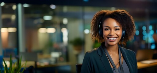 Female African American customer support agent working at a call center. Generative AI - obrazy, fototapety, plakaty