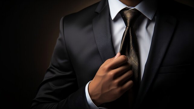 Close up of a businessman adjusting his necktie on dark background.