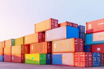 Logistic shipping yard with cargo container stack on clear blue sky background. International goods export concept. logistic import export and transport industry
