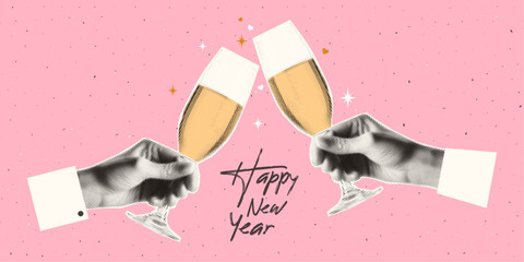 Two hands holding champagne glasses. Trendy halftone collage style. Merry Christmas and Happy New Year banner. © Teodora ART
