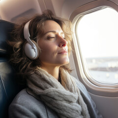 Relaxed woman with headphones on an airplane