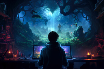 Back view of a young man playing video games in a nightclub.