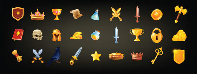 Game icon set, UI dungeon and dragon RPG badge kit, vector medieval magic warrior collection. Knight fantasy sword, golden coin, witch book, skull, ancient potion bottle. Game icon user elements © Oleksandra