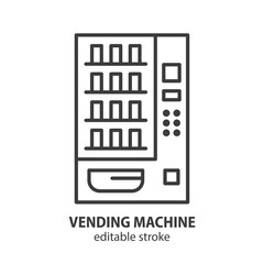 Vending machine line icon. Automatic dispenser with snak and drink. Editable stroke. Vector illustration.