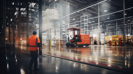 Worker in the motion on forklift in the large modern warehouse