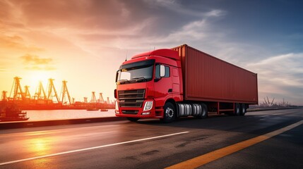 Red truck driving on a highway with a cargo trailer