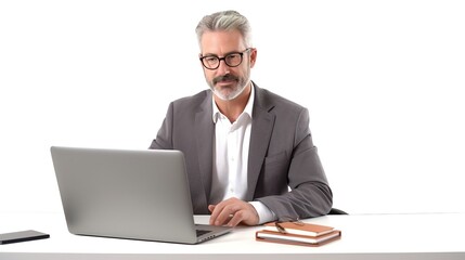 business person working on laptop on white background. 