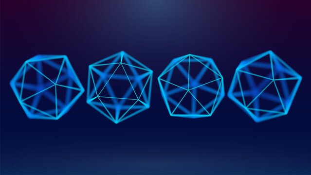 4 icosahedrons with edges from different angles of view. Depth of field. Visualization of gems or geometric shapes