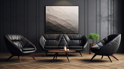 Modern leather black chairs and sofa with a wood coffee table. Dark wall, wood parquet, generative ai