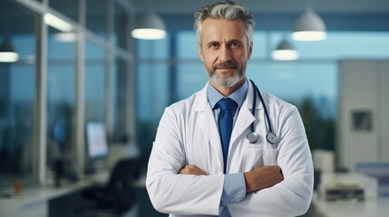Fototapeta premium portrait of a smiling mature doctor with arms crossed in hospital