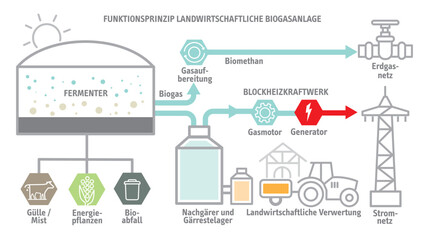 Landwirtschaftliche Biogasanlage - Infografik mit deutschem Text - obrazy, fototapety, plakaty