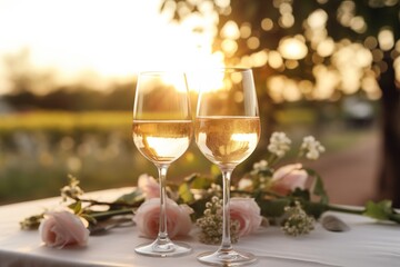 Elegant outdoo scene with two glasses of champagne and roses on the table.