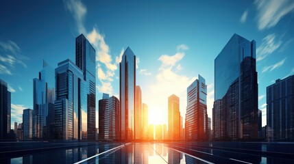 Fototapeta premium Modern city skyline at sunset with tall skyscrapers and a vibrant sky
