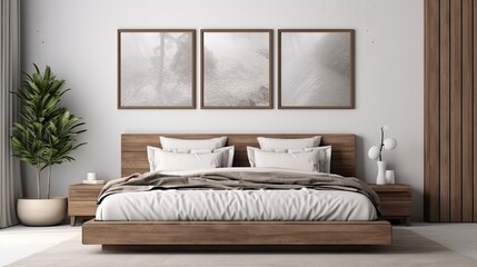 3D render of mock up frame in bedroom with bed and decor, interior background