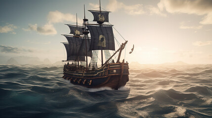 Fototapeta premium Abandoned pirate ship in the middle of ocean. Old broken wooden ship. Generative AI.