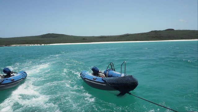 small blue rubber zodiac, or tender dingy, being dragged through the turquoise water the pacific ocean of the Galapagos islands.