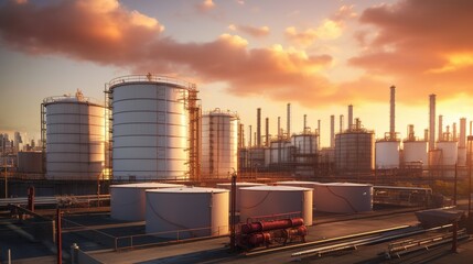 Aerial top view oil and gas tank with oil refinery background at night, Business petrochemical industrial, Refinery factory oil storage tank and pipeline, twilight background. generative ai