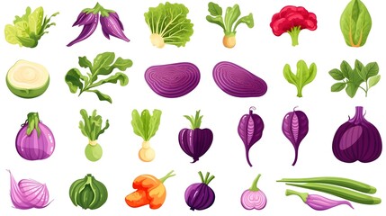Various purple vegetables isolated icons illustrations set