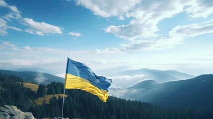 Ukraine flag on the peak of the Carpathian Mountains, symbolizing victory and determination