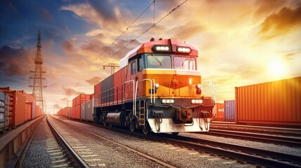 Fototapeta premium Sunset illuminates a cargo freight train as it travels along the tracks, carrying goods through the night, showcasing the essential elements of railway transportation and industrial travel